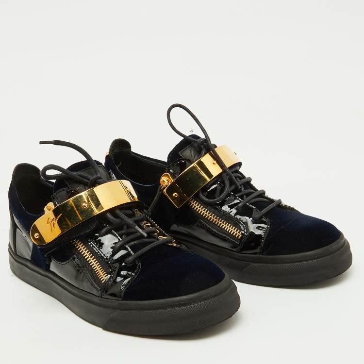 Pre Owned Giuseppe Zanotti Navy Blue/Black Velvet and Patent Leather Double Zip Low Sneakers Size 41
