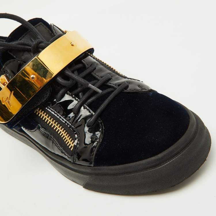 Pre Owned Giuseppe Zanotti Navy Blue/Black Velvet and Patent Leather Double Zip Low Sneakers Size 41