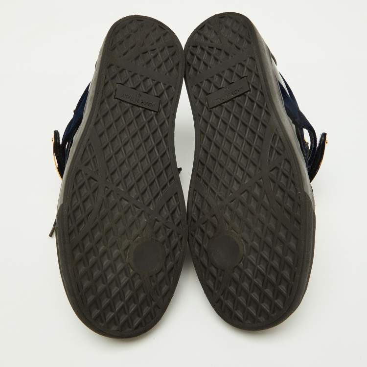 Pre Owned Giuseppe Zanotti Navy Blue/Black Velvet and Patent Leather Double Zip Low Sneakers Size 41