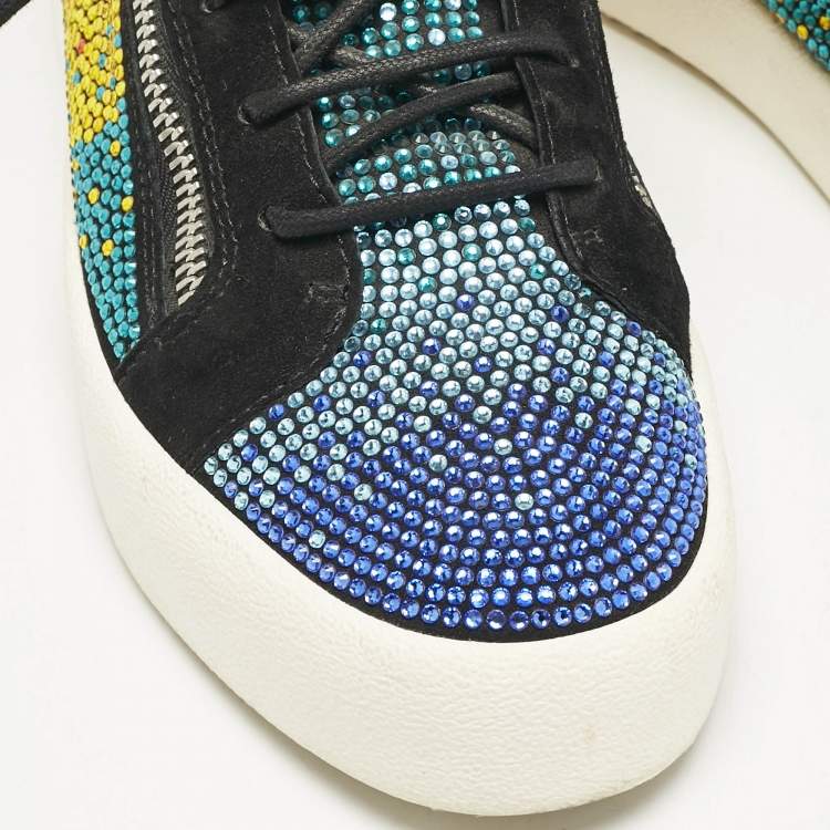 Pre Owned Giuseppe Zanotti Black Suede Rainbow Crystal Embellished Doris BNIB Sneakers Size 43.5