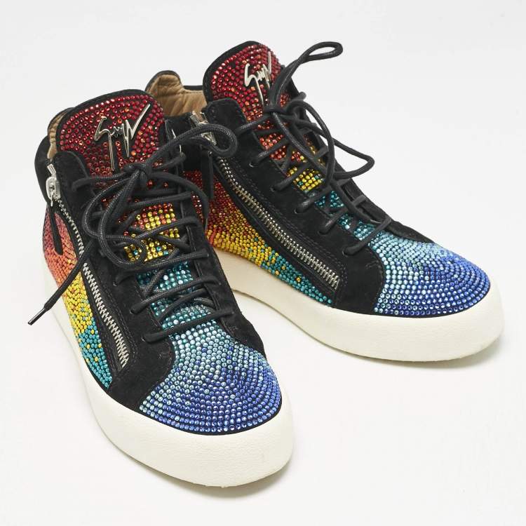 Pre Owned Giuseppe Zanotti Black Suede Rainbow Crystal Embellished Doris BNIB Sneakers Size 43.5