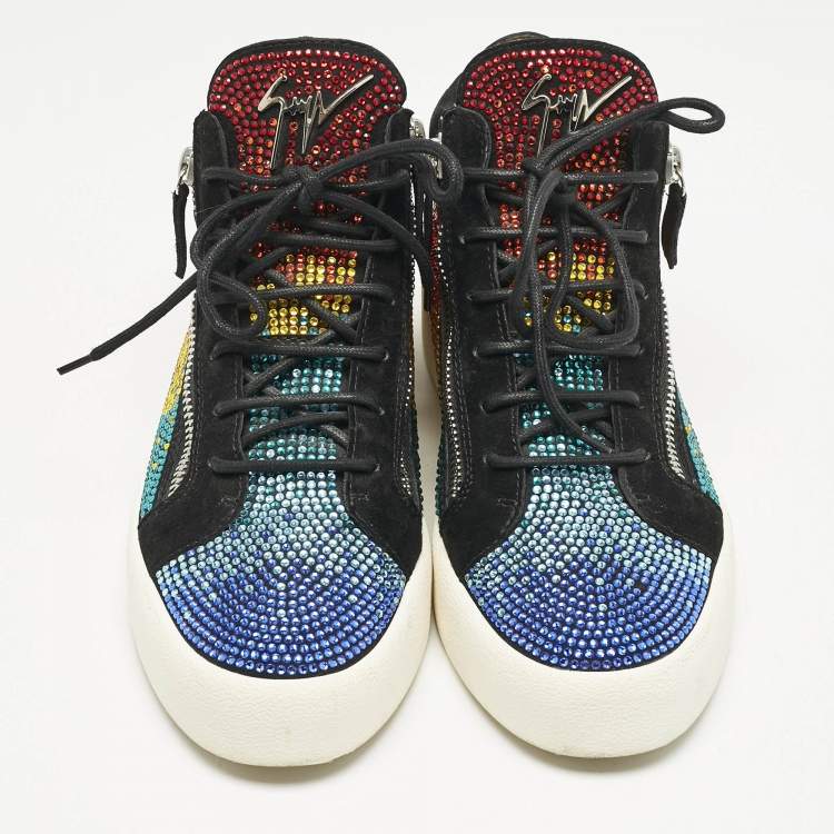 Pre Owned Giuseppe Zanotti Black Suede Rainbow Crystal Embellished Doris BNIB Sneakers Size 43.5