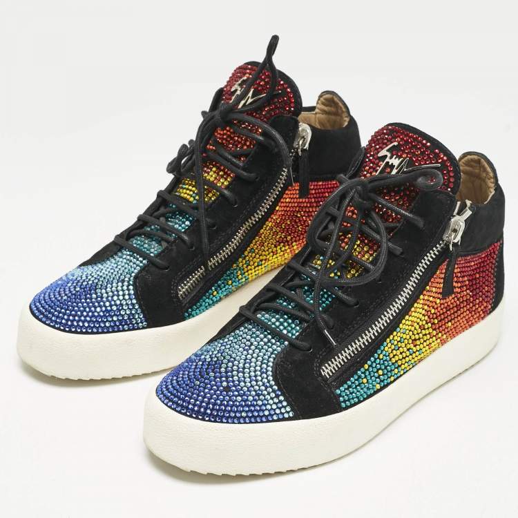 Pre Owned Giuseppe Zanotti Black Suede Rainbow Crystal Embellished Doris BNIB Sneakers Size 43.5