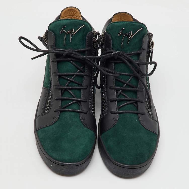 Pre Owned Giuseppe Zanotti Green/Black Suede and Leather Double Zip High Top Sneakers Size 45