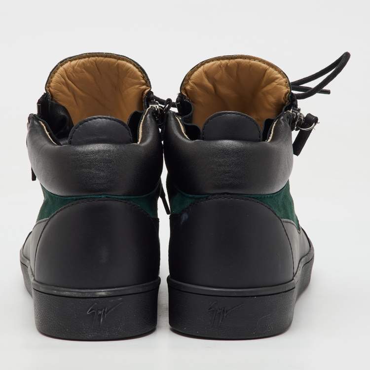 Pre Owned Giuseppe Zanotti Green/Black Suede and Leather Double Zip High Top Sneakers Size 45