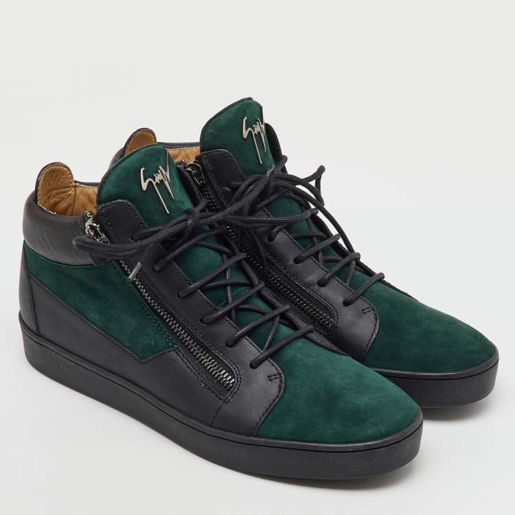 Pre Owned Giuseppe Zanotti Green/Black Suede and Leather Double Zip High Top Sneakers Size 45