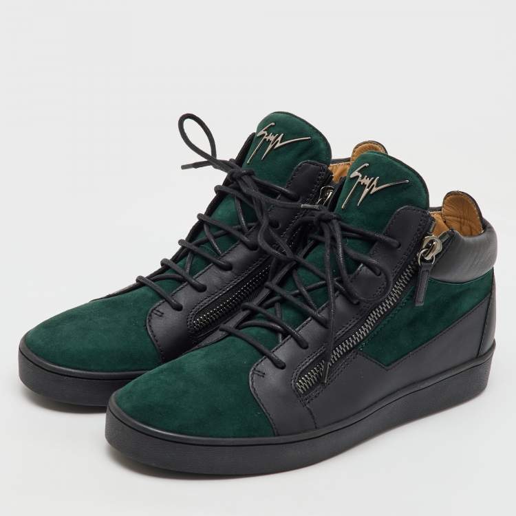 Pre Owned Giuseppe Zanotti Green/Black Suede and Leather Double Zip High Top Sneakers Size 45