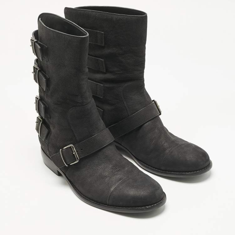 Pre Owned Giuseppe Zanotti Black Nubuck Leather Buckle Details Ankle Length Boots Size 43