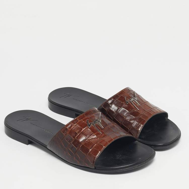 Pre Owned Giuseppe Zanotti Brown Croc Embossed Leather Flat Slides Size 42