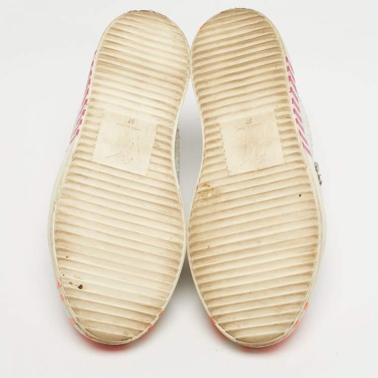 Pre Owned Giuseppe Zanotti Silver/Orange Glitter Crystal Embellished Gail Slip On Sneakers Size 37