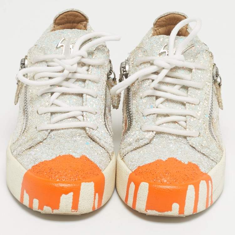 Pre Owned Giuseppe Zanotti Silver/Orange Glitter Crystal Embellished Gail Slip On Sneakers Size 37