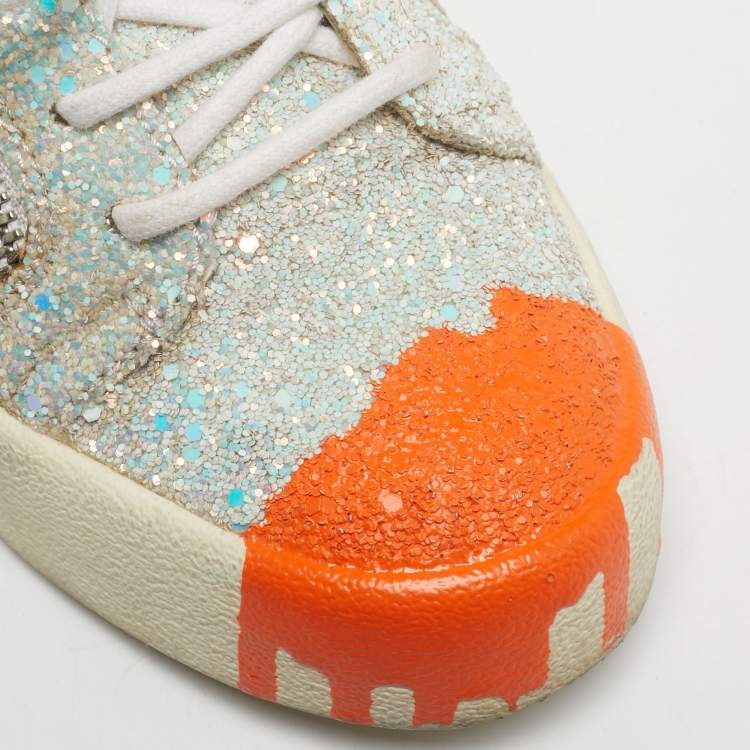 Pre Owned Giuseppe Zanotti Silver/Orange Glitter Crystal Embellished Gail Slip On Sneakers Size 37