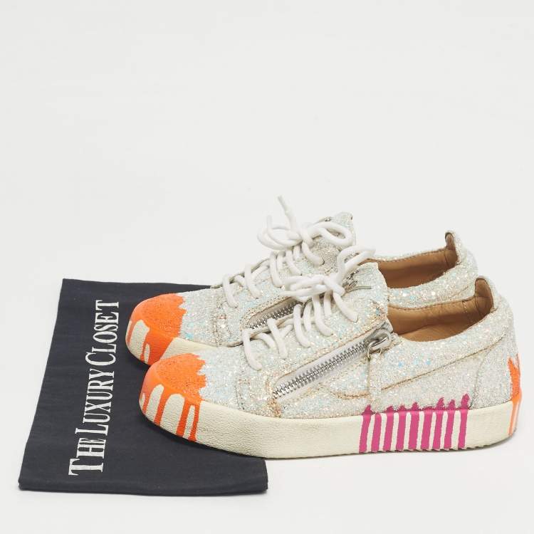 Pre Owned Giuseppe Zanotti Silver/Orange Glitter Crystal Embellished Gail Slip On Sneakers Size 37