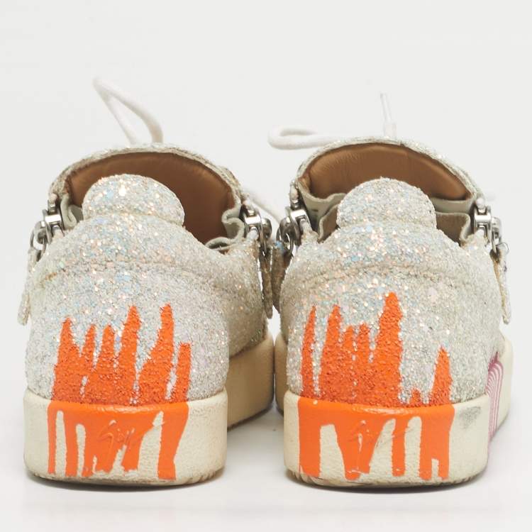 Pre Owned Giuseppe Zanotti Silver/Orange Glitter Crystal Embellished Gail Slip On Sneakers Size 37