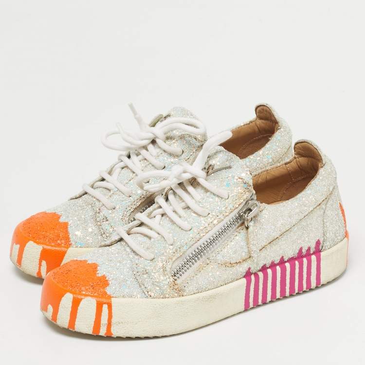 Pre Owned Giuseppe Zanotti Silver/Orange Glitter Crystal Embellished Gail Slip On Sneakers Size 37