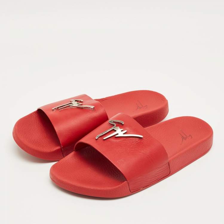 Pre Owned Giuseppe Zanotti Red Leather Logo Slide Sandals Size 43