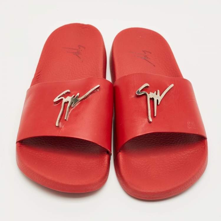 Pre Owned Giuseppe Zanotti Red Leather Logo Slide Sandals Size 43
