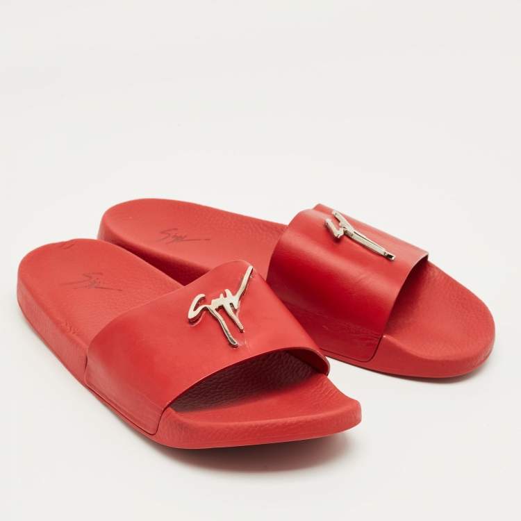 Pre Owned Giuseppe Zanotti Red Leather Logo Slide Sandals Size 43