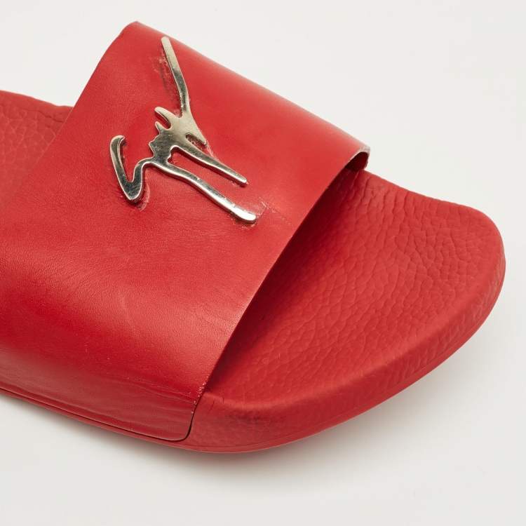 Pre Owned Giuseppe Zanotti Red Leather Logo Slide Sandals Size 43