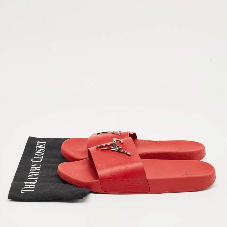 Pre Owned Giuseppe Zanotti Red Leather Logo Slide Sandals Size 43