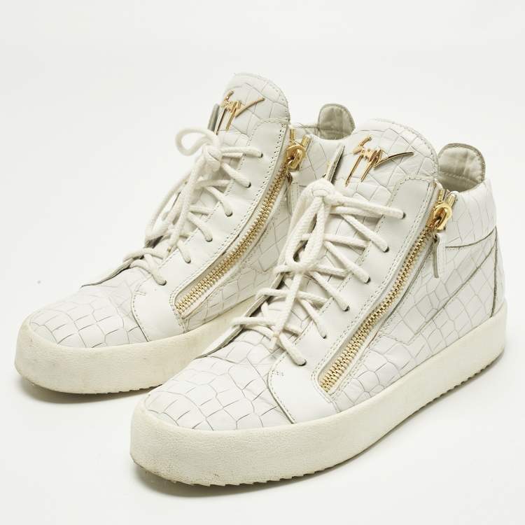 Pre Owned Giuseppe Zanotti White Croc Embossed Leather Kriss Lace Up Sneakers Size 43.5