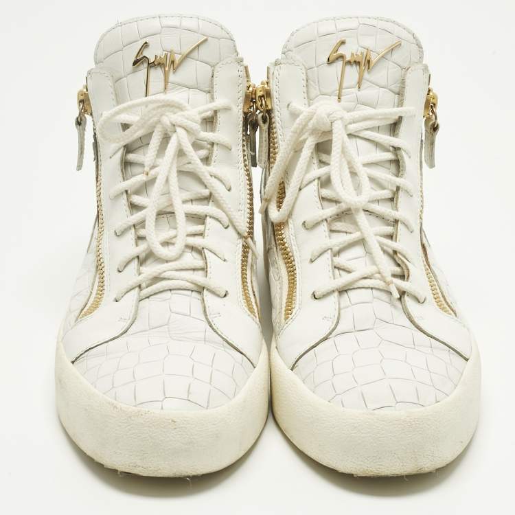 Pre Owned Giuseppe Zanotti White Croc Embossed Leather Kriss Lace Up Sneakers Size 43.5