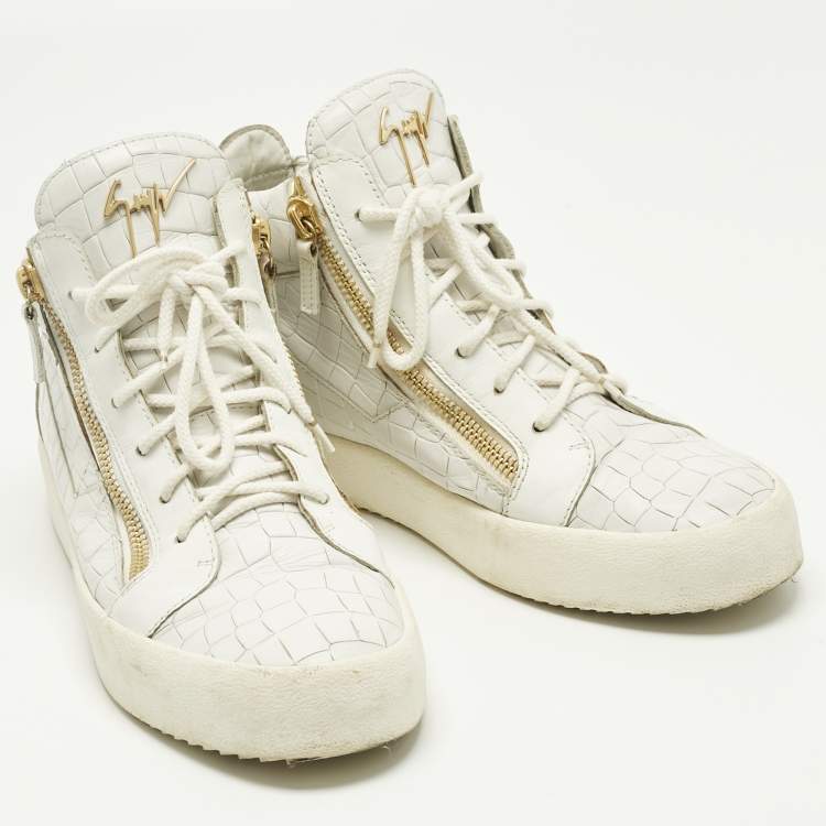 Pre Owned Giuseppe Zanotti White Croc Embossed Leather Kriss Lace Up Sneakers Size 43.5