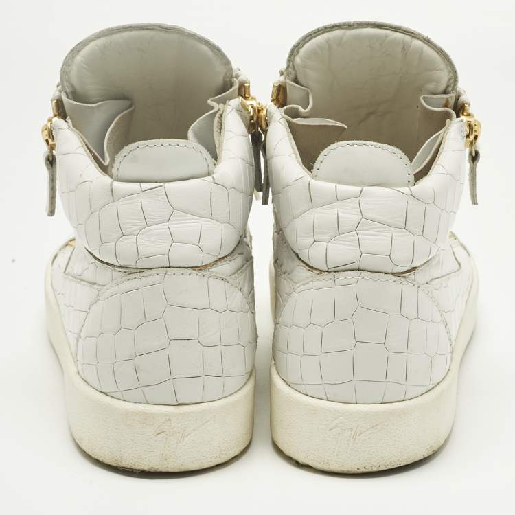 Pre Owned Giuseppe Zanotti White Croc Embossed Leather Kriss Lace Up Sneakers Size 43.5