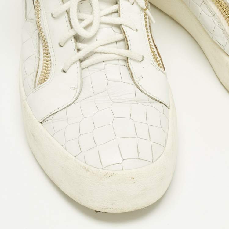 Pre Owned Giuseppe Zanotti White Croc Embossed Leather Kriss Lace Up Sneakers Size 43.5