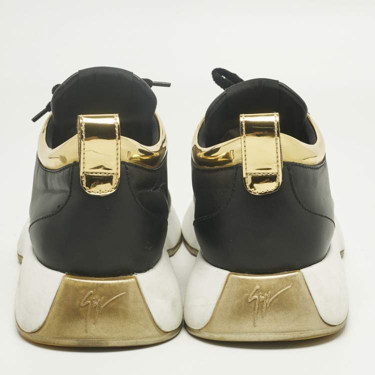 Pre Owned Giuseppe Zanotti Black/Gold Leather and Patent Leather Ferox Low Top Sneakers Size 45