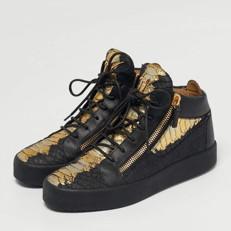 Pre Owned Giuseppe Zanotti London Size 42 Black/Gold Python Embossed Leather Lace Up Sneakers
