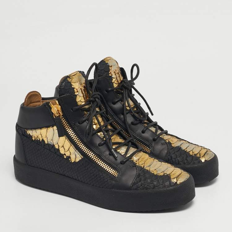 Pre Owned Giuseppe Zanotti London Size 42 Black/Gold Python Embossed Leather Lace Up Sneakers