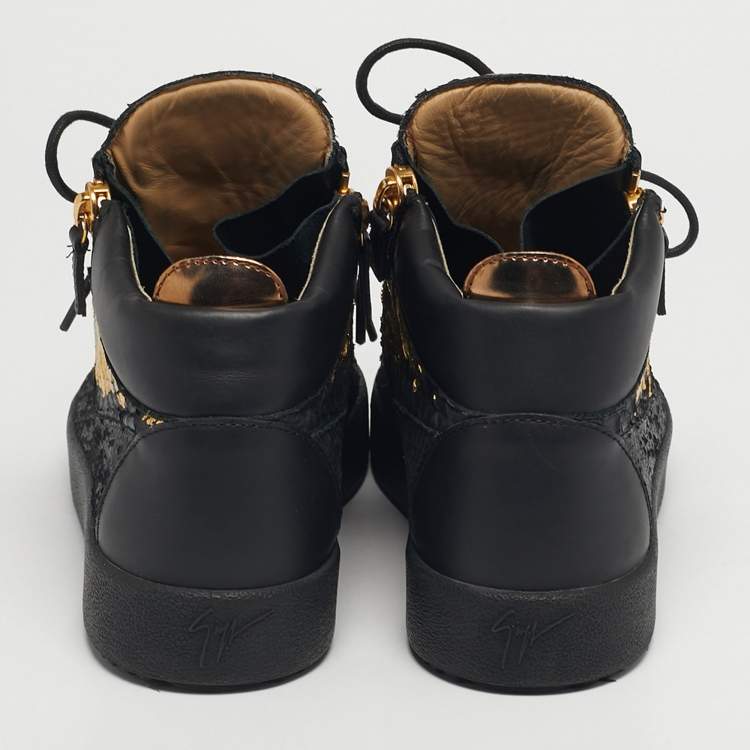 Pre Owned Giuseppe Zanotti London Size 42 Black/Gold Python Embossed Leather Lace Up Sneakers