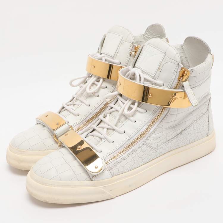 Pre Owned Giuseppe Zanotti Coby Size 43 White Croc Embossed Leather High Top Sneakers