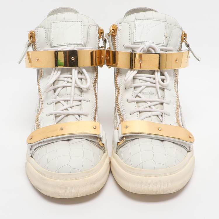 Pre Owned Giuseppe Zanotti Coby Size 43 White Croc Embossed Leather High Top Sneakers