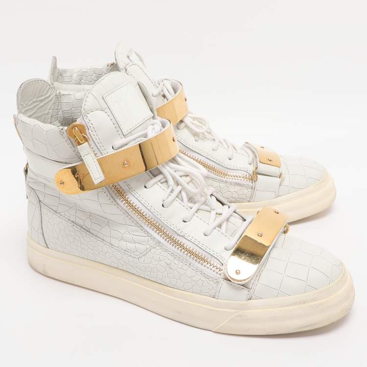 Pre Owned Giuseppe Zanotti Coby Size 43 White Croc Embossed Leather High Top Sneakers