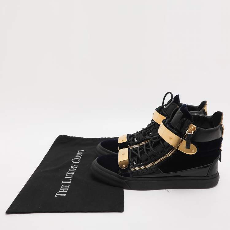 Pre Owned Giuseppe Zanotti Coby Size 42 Navy Blue/Black Patent Leather and Velvet High Top Sneakers
