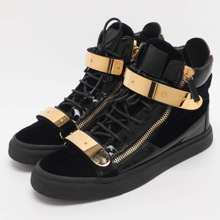 Pre Owned Giuseppe Zanotti Coby Size 42 Navy Blue/Black Patent Leather and Velvet High Top Sneakers