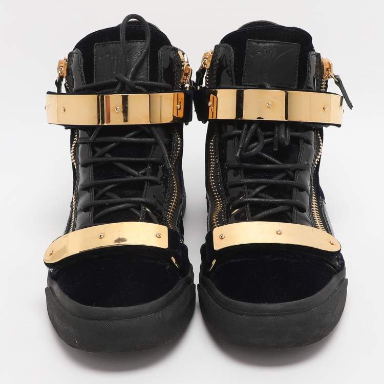 Pre Owned Giuseppe Zanotti Coby Size 42 Navy Blue/Black Patent Leather and Velvet High Top Sneakers