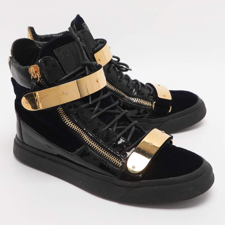 Pre Owned Giuseppe Zanotti Coby Size 42 Navy Blue/Black Patent Leather and Velvet High Top Sneakers