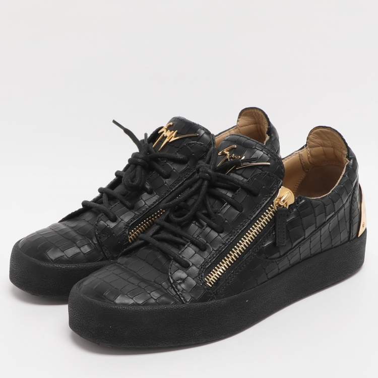 Pre Owned Giuseppe Zanotti Frankie Size 41 Black Croc Embossed Leather Low Top Sneakers