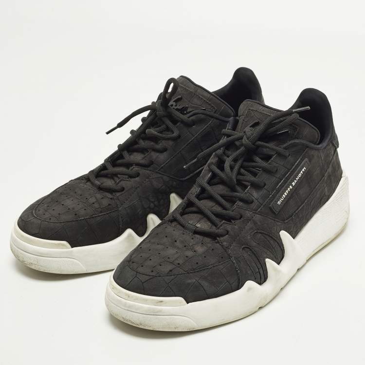 Pre Owned Giuseppe Zanotti Talon Size 44 Black Croc Embossed Leather Lace Up Sneakers