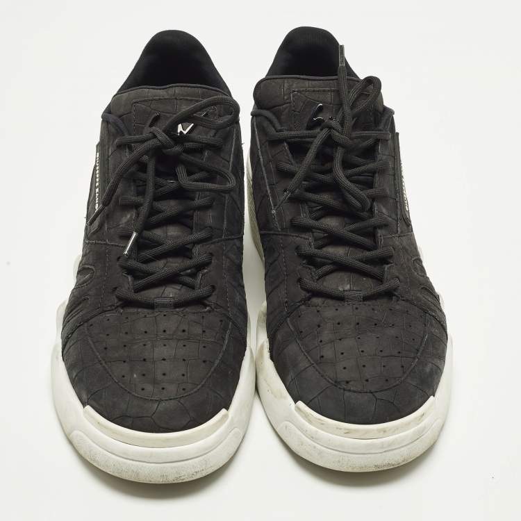 Pre Owned Giuseppe Zanotti Talon Size 44 Black Croc Embossed Leather Lace Up Sneakers