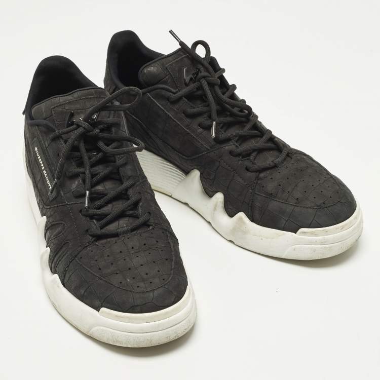Pre Owned Giuseppe Zanotti Talon Size 44 Black Croc Embossed Leather Lace Up Sneakers