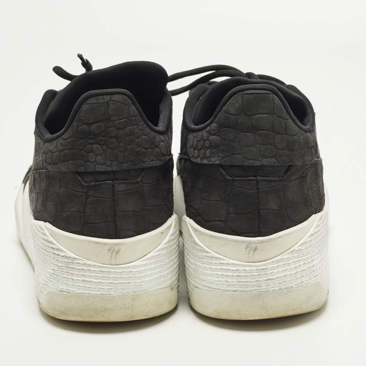 Pre Owned Giuseppe Zanotti Talon Size 44 Black Croc Embossed Leather Lace Up Sneakers