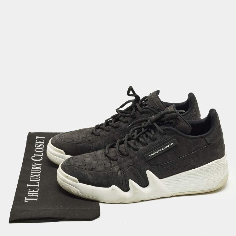 Pre Owned Giuseppe Zanotti Talon Size 44 Black Croc Embossed Leather Lace Up Sneakers