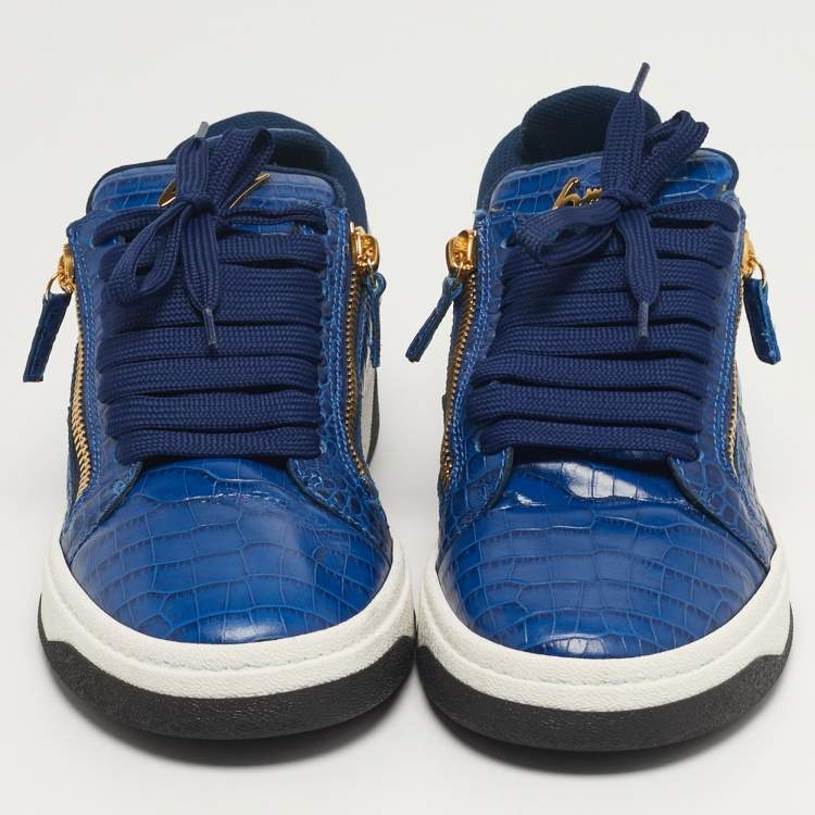 Pre Owned Giuseppe Zanotti GZ Size 42.5 Blue Croc Embossed Leather Low Top Sneakers