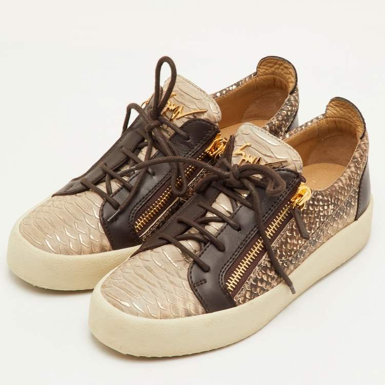 Pre Owned Giuseppe Zanotti Frankie Size 41 Brown Snake Embossed Leather Low Top Sneakers