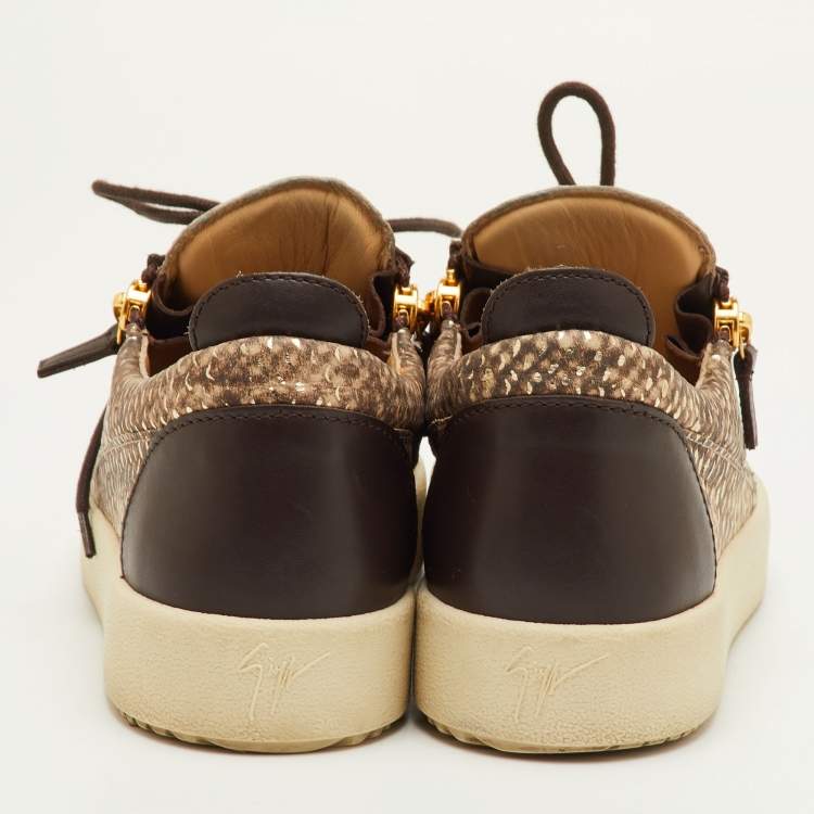 Pre Owned Giuseppe Zanotti Frankie Size 41 Brown Snake Embossed Leather Low Top Sneakers