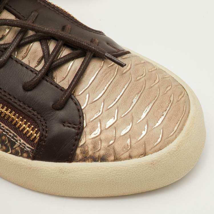 Pre Owned Giuseppe Zanotti Frankie Size 41 Brown Snake Embossed Leather Low Top Sneakers